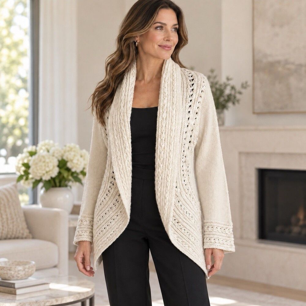 Camaieu Knit Open Cardigan Sweater Ivory Shawl Collar  S